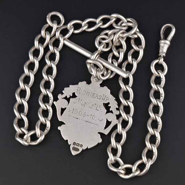 Heavy Edwardian Silver Albert Watch Chain Necklace & Fob 70.7 gm - Boylerpf