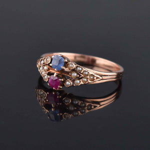 Antique Victorian 14K Rose Gold Pearl Ruby Sapphire Ring - Boylerpf