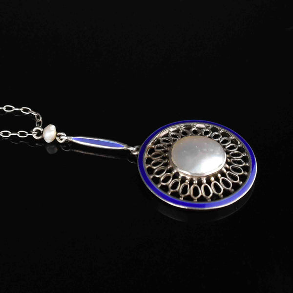 Art Deco Silver Blister Blue Enamel Baroque Pearl Pendant Necklace - Boylerpf