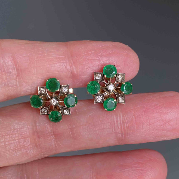 Art Deco Design Emerald & Diamond Stud Earrings - Boylerpf