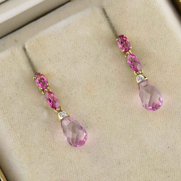 Vintage 14K Gold Diamond Pink Topaz Briolette Dangle Earrings - Boylerpf