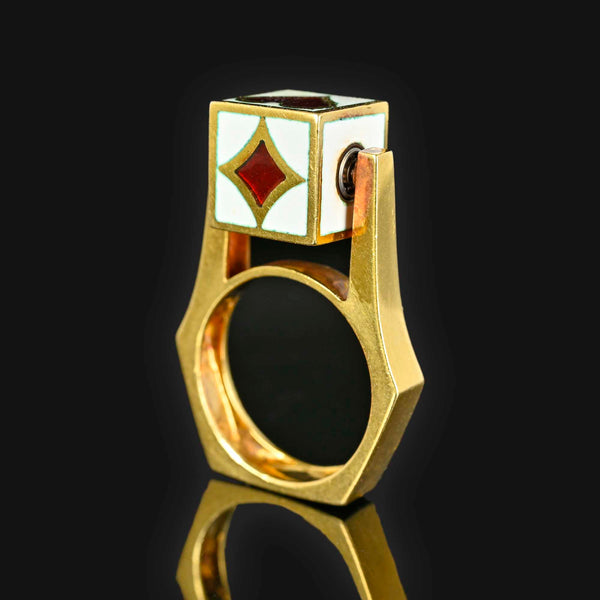 Enamel Playing Card Gambler Spinner Ring in 18K Gold - Boylerpf
