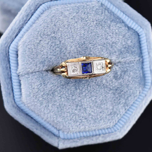 Art Deco 14K Gold Diamond Sapphire Ring - Boylerpf