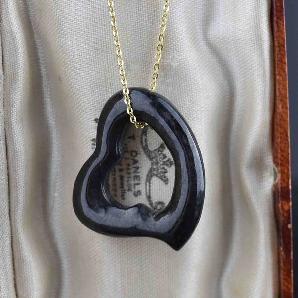 Vintage Black Jade Witches Heart Pendant Necklace - Boylerpf