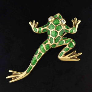 Large 14K Gold Green Enamel Diamond Frog Brooch - Boylerpf