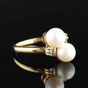 14K Gold Toi et Moi Pearl Diamond Bypass Ring - Boylerpf