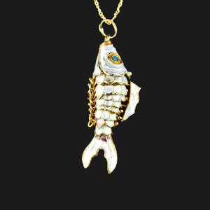 Vintage Gold Vermeil White Enamel Articulated Fish Pendant Necklace - Boylerpf