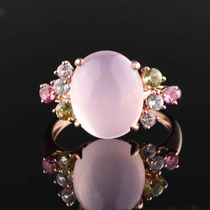 14K Rose Gold Pink Quartz Cabochon Ring, Sz 6.75 - Boylerpf