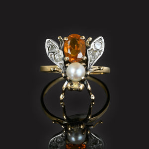 Antique Diamond Citrine Pearl 18K Gold Insect Ring - Boylerpf