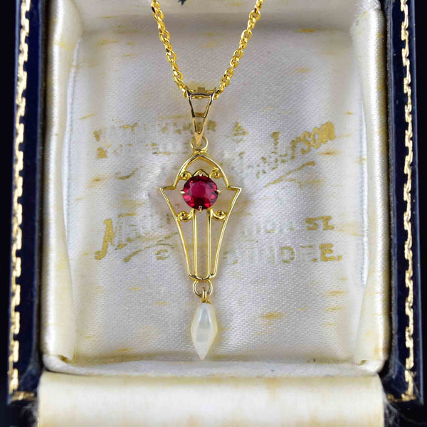Antique 10K Gold Ruby Pearl Lavalier Necklace - Boylerpf