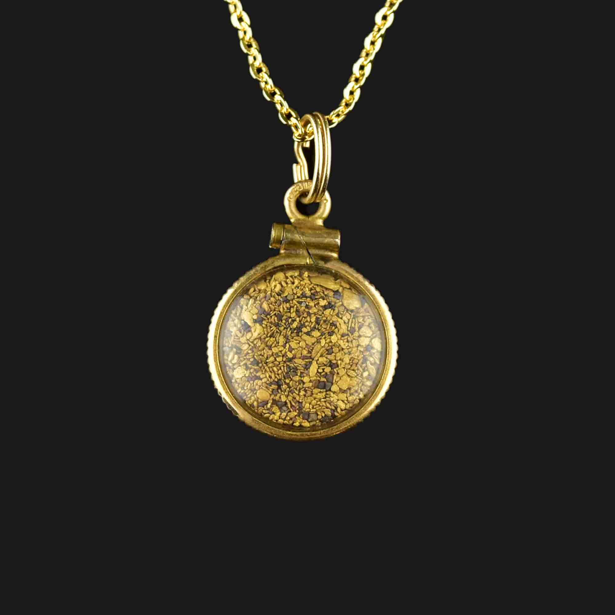 Hot Vintage Gold Nugget Locket Pendant, Round Bubble with Genuine Gold Tiny Nuggets, Shaker, Gold Prospecting Jewelry Necklace Pendant