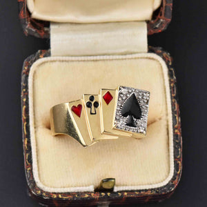 Mens Gold Enamel Diamond Poker Signet Ring, Sz 10 - Boylerpf