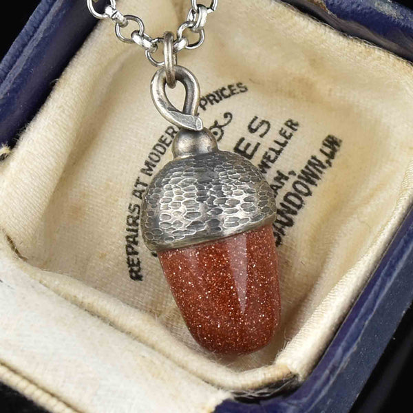 Vintage Silver Goldstone Acorn Charm Pendant Necklace - Boylerpf