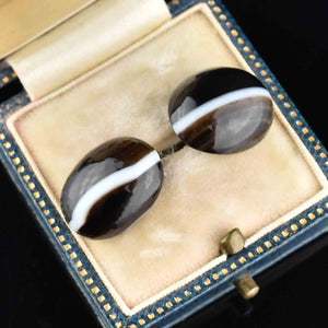 Antique Victorian Silver Banded Agate Stud Earrings - Boylerpf