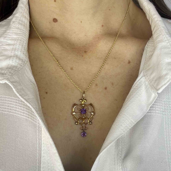 Edwardian Gold Amethyst Lavaliere Pendant Necklace - Boylerpf