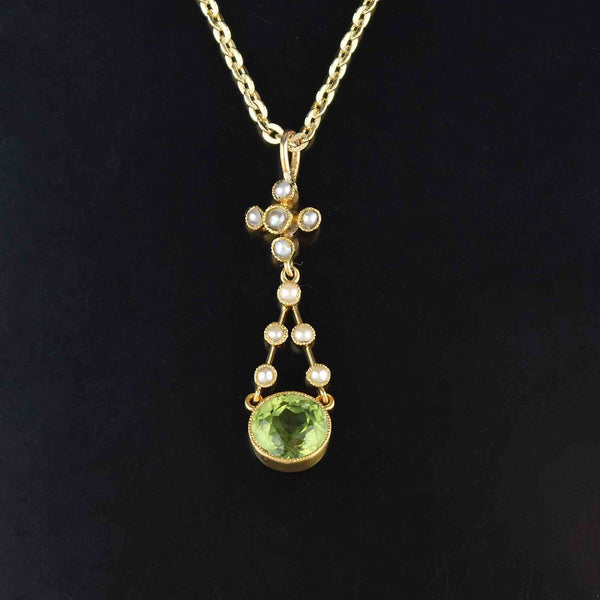 Antique Victorian 15K Gold Seed Pearl Peridot Pendant - Boylerpf