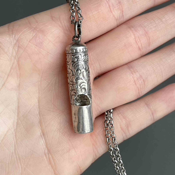 Silver Art Nouveau Working Whistle Pendant Necklace - Boylerpf
