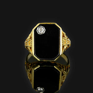 Art Deco 14K Gold Filigree Onyx Diamond Ring - Boylerpf