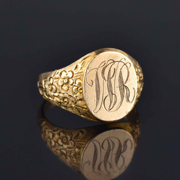 Mens Edwardian Gold Signet Ring, Forget Me Not Engraved - Boylerpf