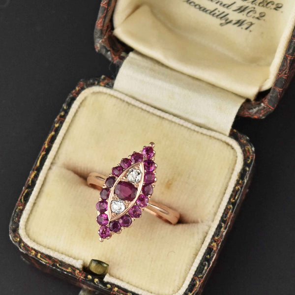 Antique Victorian 1.5 CTW Diamond Ruby Navette Ring 14K Gold - Boylerpf