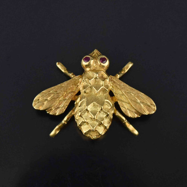Fine 18K Gold Bumble Bee Brooch w Ruby Eyes - Boylerpf