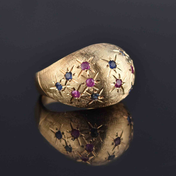 Vintage 14K Gold Sapphire Ruby Bombe Ring, Sz 7 - Boylerpf