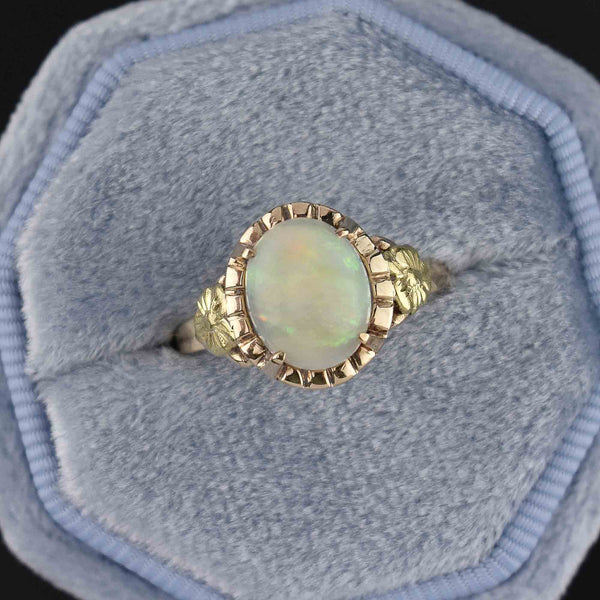 Gold Forget Me Not Flower Opal Cabochon Solitaire Ring - Boylerpf