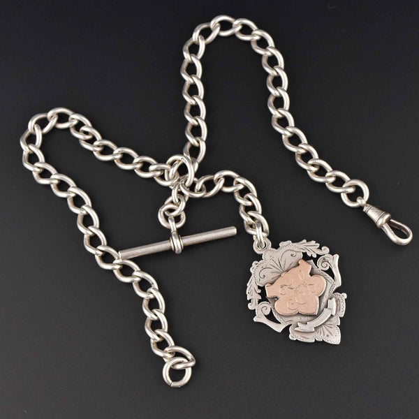 Heavy Edwardian Silver Albert Watch Chain Necklace & Fob 70.7 gm - Boylerpf