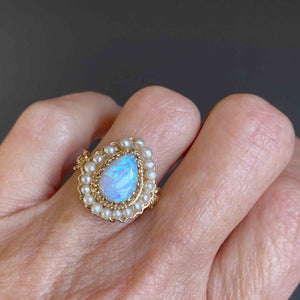 Vintage 14K Gold Pearl Halo Pear Cabochon Opal Ring - Boylerpf