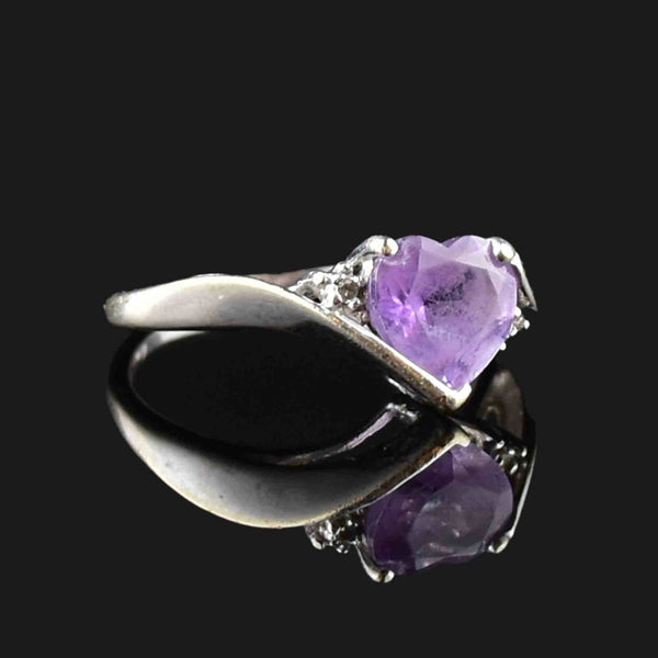 Vintage Heart Shaped Amethyst, Diamond, and 14K Gold Ring