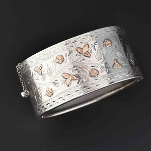 Rose Gold Flower Wide Aesthetic Silver Cuff Bracelet - Boylerpf