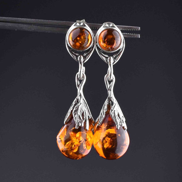 Arts and Crafts Style Silver Baltic Amber Drop Earrings - Boylerpf