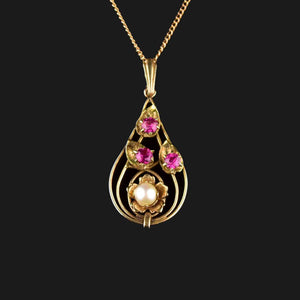 Antique 10K Gold Ruby Pearl Pendant Necklace - Boylerpf