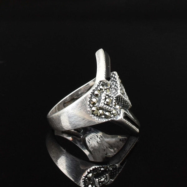Vintage Silver Marcasite Onyx Statement Ring - Boylerpf