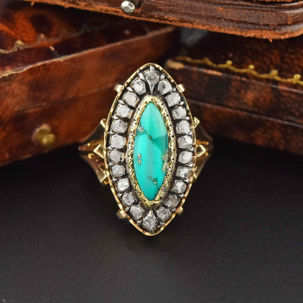 Georgian Revival 14K Gold Turquoise Diamond Halo Ring - Boylerpf