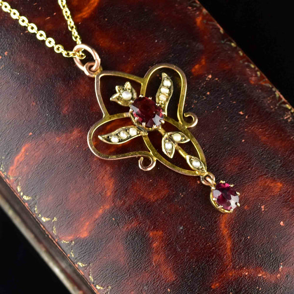 Antique Edwardian Garnet Seed Pearl Pendant Necklace - Boylerpf