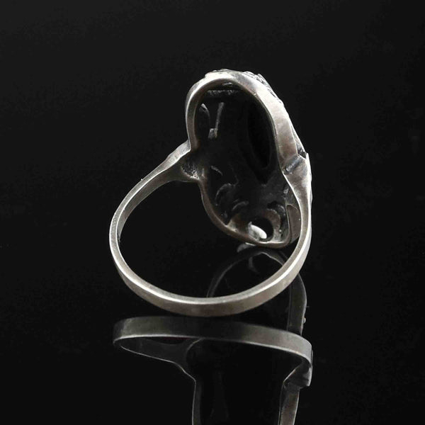 Vintage Silver Onyx Marcasite Statement Ring, Sz 6.5 - Boylerpf