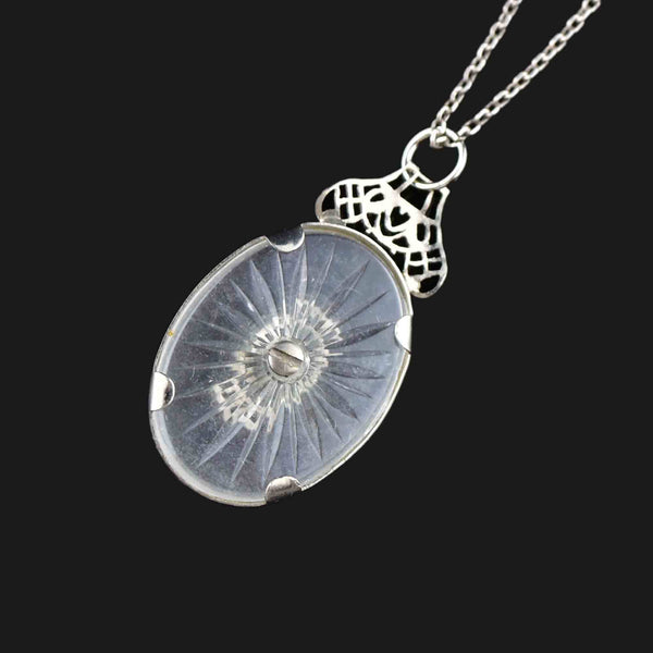 Vintage Art Deco Silver Camphor Glass Pendant Necklace - Boylerpf