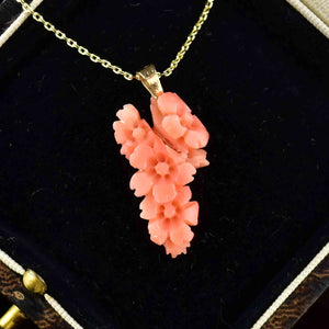 Victorian 14K Gold Carved Coral Flower Pendant Necklace - Boylerpf