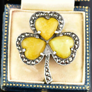 Vintage Connemara Marble Marcasite Shamrock Brooch - Boylerpf