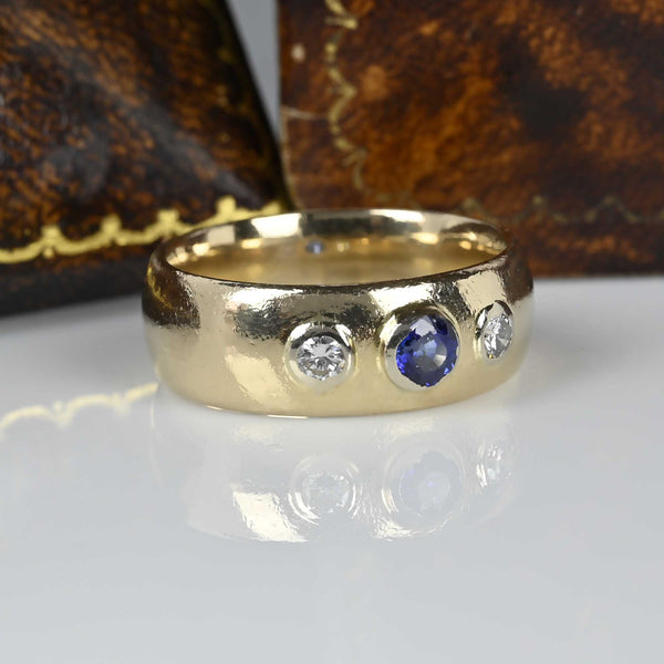 Wide 14K Gold Diamond Sapphire Band Ring - Boylerpf