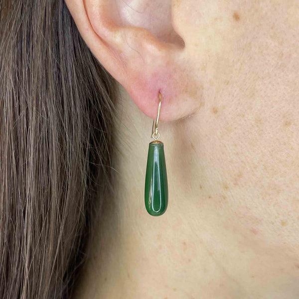 Art Deco Style Gold Green Chalcedony Drop Earrings - Boylerpf