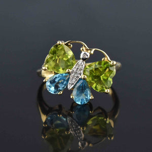 Vintage Peridot Blue Topaz Diamond Butterfly Ring - Boylerpf