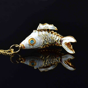 Vintage Gold Vermeil White Enamel Articulated Fish Pendant Necklace - Boylerpf