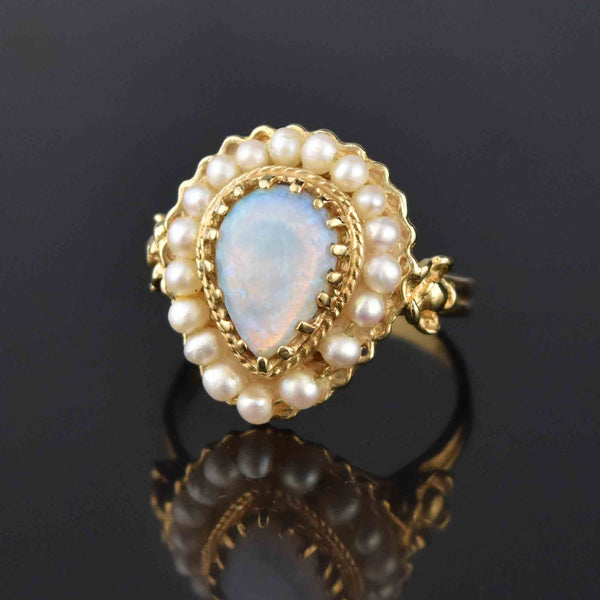Vintage 14K Gold Pearl Halo Pear Cabochon Opal Ring - Boylerpf