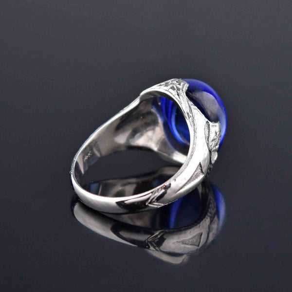 Art Deco Sugarloaf Cabochon Sapphire Ring 14K White Gold - Boylerpf