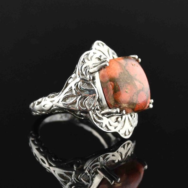 Vintage Carved Silver Marble Agate Ring - Boylerpf