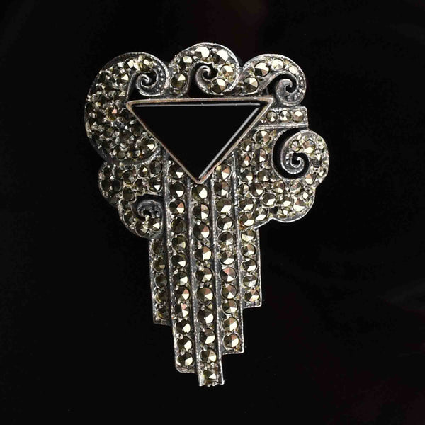 Art Deco Style Silver Marcasite Onyx Brooch - Boylerpf