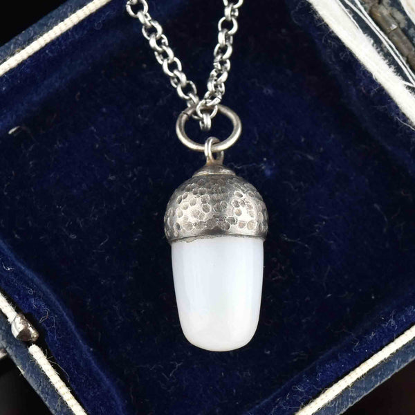 Vintage Carved Silver White Chalcedony Acorn Pendant Necklace - Boylerpf