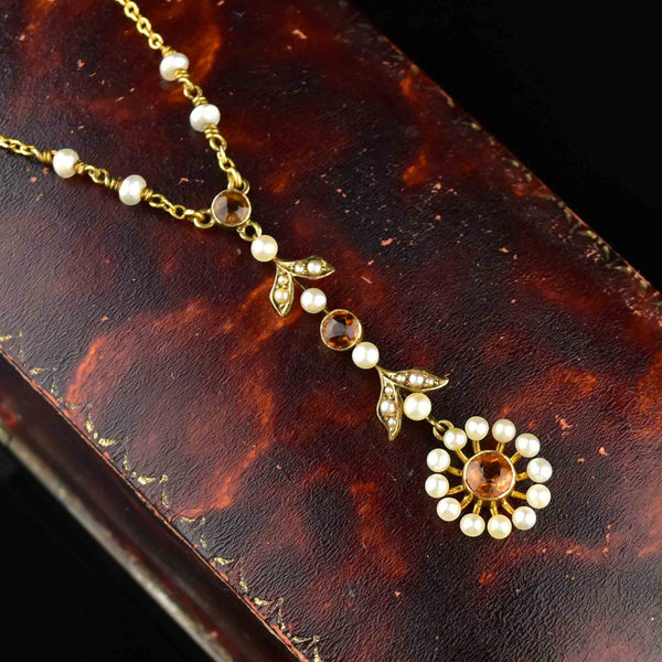 Antique Edwardian 10K Gold Citrine Lavaliere Necklace - Boylerpf